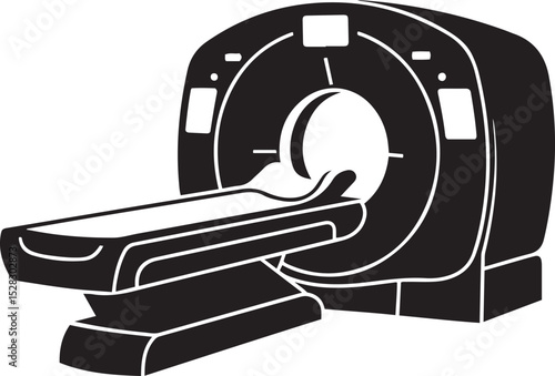 Black and white silhouette vector illustration of a medical CT scan machine.