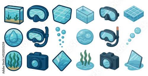 Diving and snorkeling gear with bubbles and water elements for aquatic adventure design