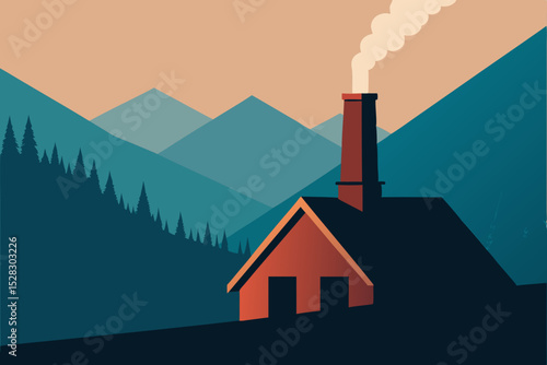 Mountain cabin, rustic house, landscape vector, smoky chimney