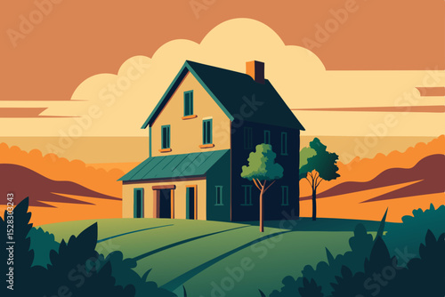 Vector house, rural landscape, green field, sunset background, home illustration