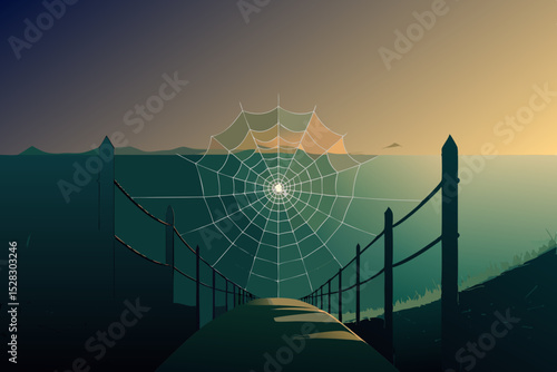 Spider web, abandoned pathway, mountain landscape, sunset