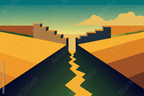Geometric landscape, abstract road, divided terrain, vector illustration