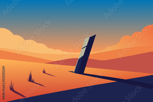 Desert landscape, airplane tail, orange sunset, vector illustration, travel background