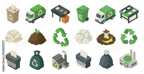 Eco-friendly recycling and waste management icons for environmental awareness design