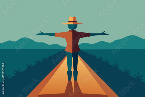 Scarecrow, standing, road, countryside, vector illustration, farm, agriculture, rural landscape