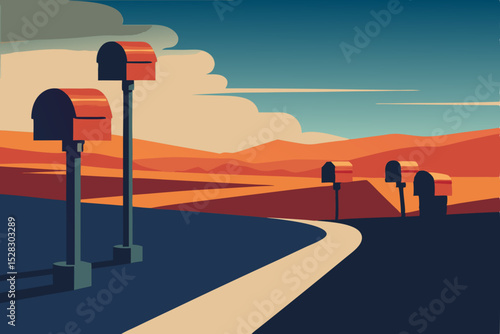 Vector mailboxes, rural road, desert landscape, colorful illustration, graphic design element