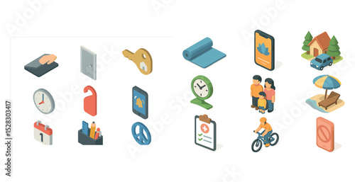 Set of isometric icons: family travel, home security, wellness, time management