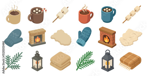 Cozy winter elements with hot drinks, mittens, and fireplaces for seasonal design