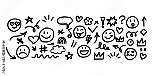 Hand Drawn Doodle Emojis Cute Icons Collection Black White Simple Design Elements Set for Social Media Decoration Graphic Design Project Illustration Background Pattern Wallpaper Texture sad art face 