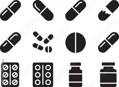 Set of vector icons depicts various medical supplies, including different types of pills, capsules, blister packs, and a medicine bottle.