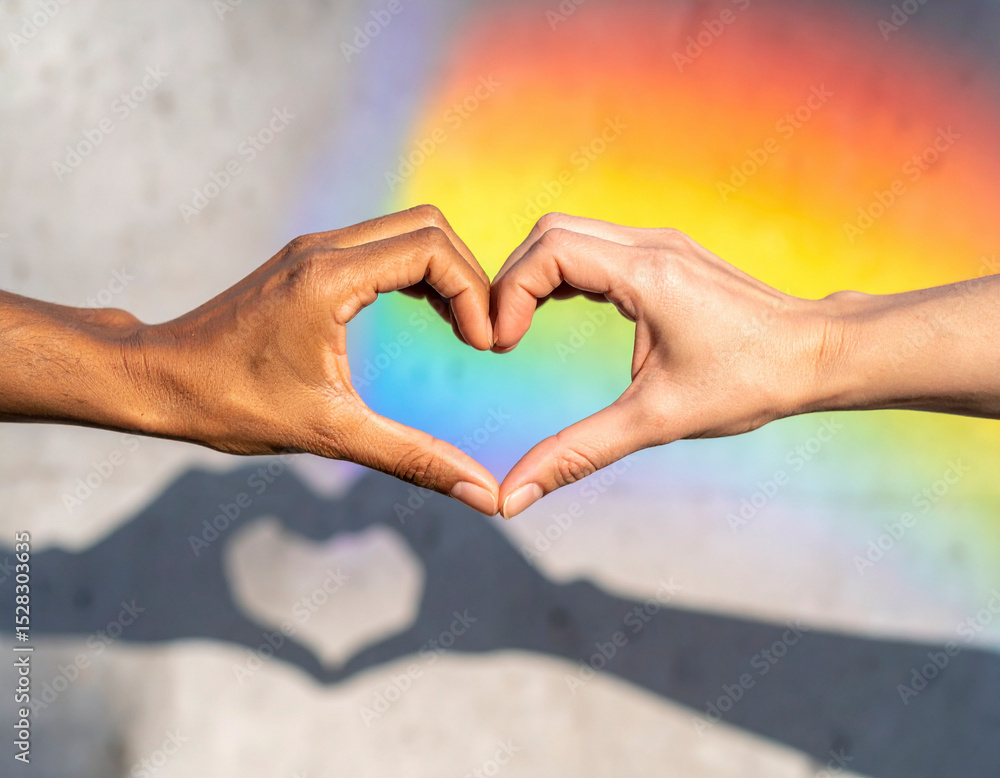 Obraz premium Portrait of a Young Person from the LGBTQIA+ Community – Heart-Shaped Shadow with Rainbow Projection