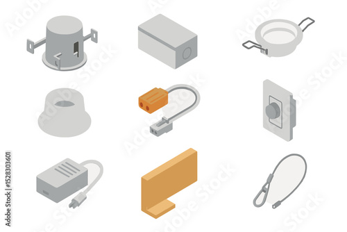 Recessed Lighting Icons. Isometric Flat icon set of recessed lighting setup: LED housing, junction box, trim kit, reflector,