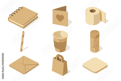 Recycled Paper Icons. Isometric Flat icon set of recycled paper products: spiral notebook, greeting card, toilet paper roll, paper