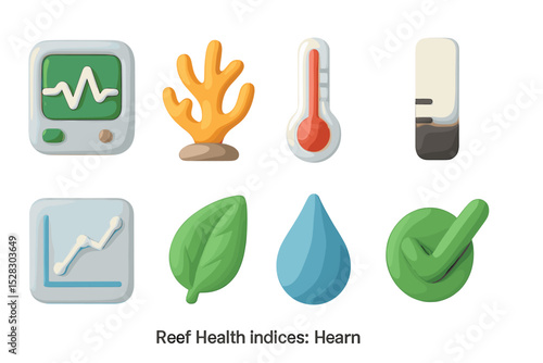 Reef Health Icons. 3D icon set of reef health indices: heart monitor, coral silhouette, temperature gauge, bleaching scale, data