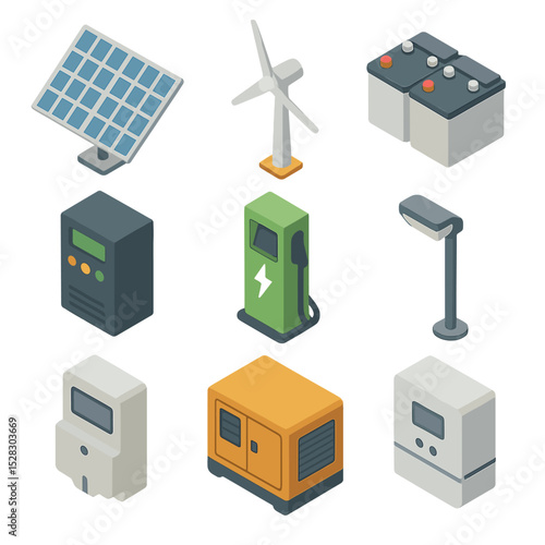 Renewable Energy Icon Set. Isometric Flat icon set of Renewable energy in mining: solar panel array, wind turbine, battery bank,