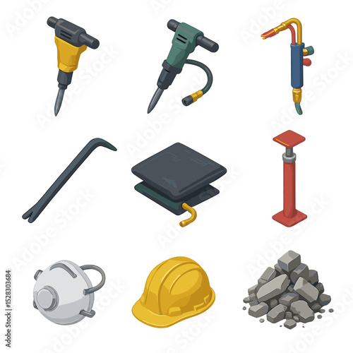Rescue Tools Icons. Isometric Flat icon set of Structural collapse rescue tools: concrete breaker, pneumatic hammer, cutting torch
