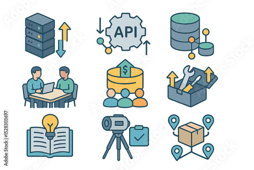 Resource Sharing Icons. Isometric Flat icon set of resource sharing methods: shared server, API integration, data warehouse,