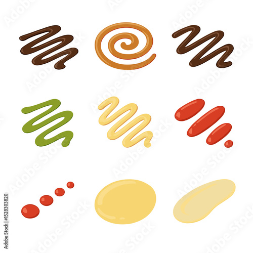 Sauce Pattern Icon Grid. Isometric Flat icon set of Sauce drizzling patterns: balsamic reduction, caramel swirl, chocolate sauce,