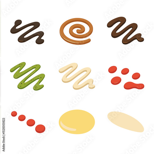 Sauce Pattern Icon Grid. Isometric Flat icon set of Sauce drizzling patterns: balsamic reduction, caramel swirl, chocolate sauce,