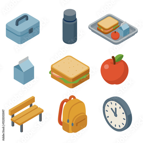 School Lunch Isometric Icons. Isometric Flat icon set of School lunch break environment: lunchbox, thermos, cafeteria tray, milk