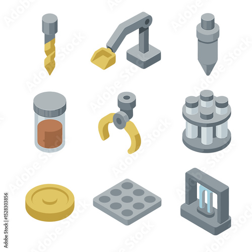 Sample Collection Icons. Isometric Flat icon set of Sample collection tools: drill bit, scoop arm, coring tube, sample container,