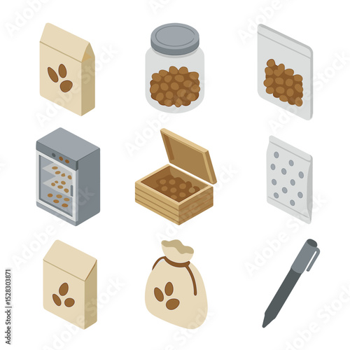 Seed Storage Icons. Isometric Flat icon set of seed storage solutions: paper seed packet, glass jar, vacuum seal bag, climate