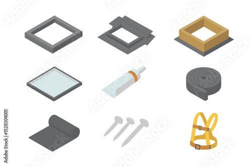 Skylight Installation Icons. Isometric Flat icon set of skylight installation: skylight frame, flashing kit, curb mount, tempered