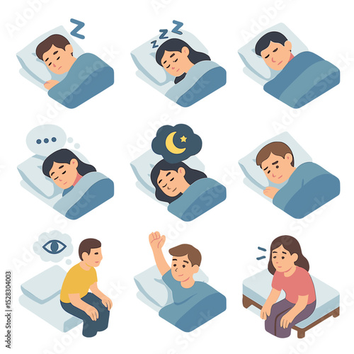 Sleep Cycle Icons. Isometric Flat icon set of sleep cycle phases: N1 light sleep, N2 light sleep, N3 deep sleep, REM sleep, sleep