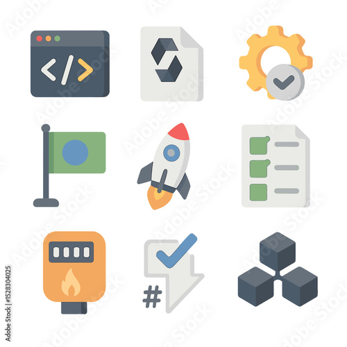 Smart Contract Icon Set. Isometric Flat icon set of Smart contract development: code editor window, solidity file, compile gear,