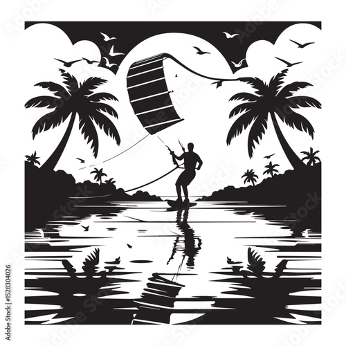 Kiteboarding silhouette tropical beach scene