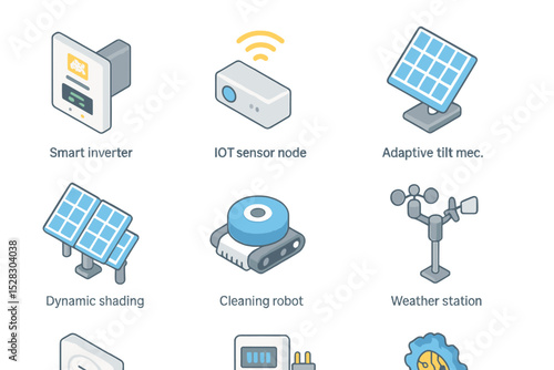 Smart Roof Icon Set. Isometric Flat icon set of smart roof technologies: smart inverter, IoT sensor node, adaptive tilt mechanism,