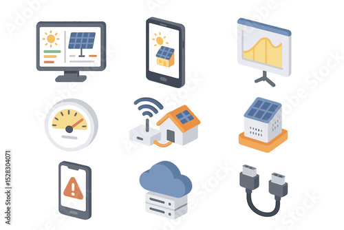 Solar Monitoring Icon Set. Isometric Flat icon set of solar roof monitoring: monitoring dashboard, smartphone app, performance