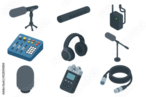 Sound Production Icons. Isometric Flat icon set of Sound Production: boom mic, shotgun microphone, wireless lavalier, audio mixer,