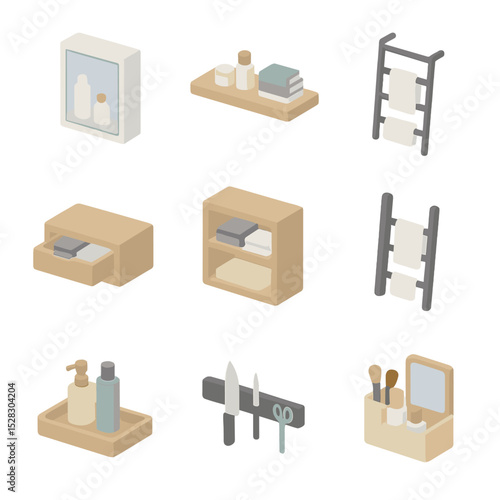 Storage Icon Set. Isometric Flat icon set of storage solutions: recessed medicine cabinet, floating shelf, built-in niche, hidden