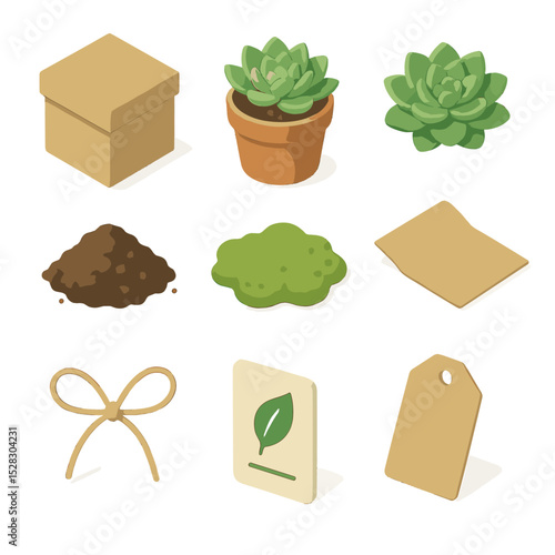 Succulent Gift Box Icons. Isometric Flat icon set of succulent gift box design: square box, succulent pot, echeveria plant, soil