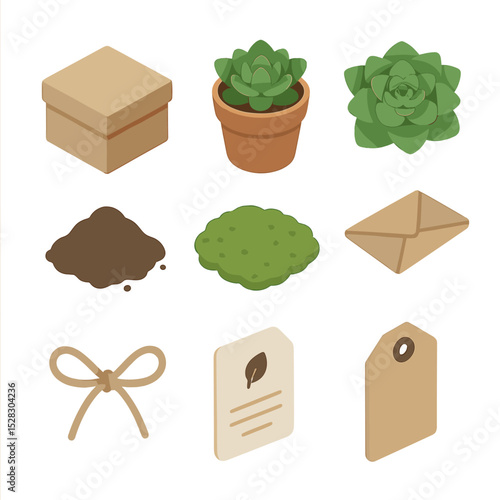 Succulent Gift Box Icons. Isometric Flat icon set of succulent gift box design: square box, succulent pot, echeveria plant, soil