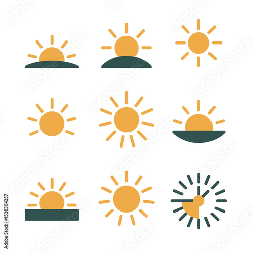 Isometric Sun Phase Icons. Isometric Flat icon set of sun phases and timekeeping: sunrise horizon, morning sun, midday sun,