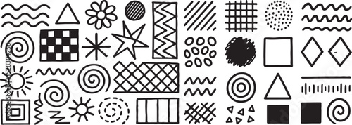 Hand-Drawn Geometric Shapes Collection: 20 Unique Black & White Patterns Featuring Triangles, Circles, Stars, Spirals, Grids, and Abstract Designs for Creative Illustration, Graphic Design