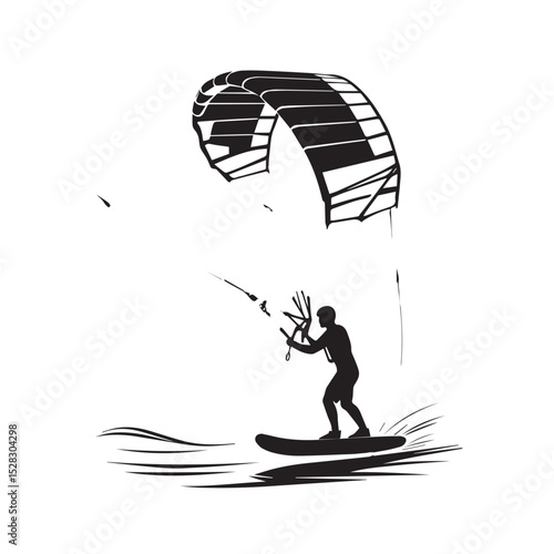 Silhouette of a kitesurfer riding waves