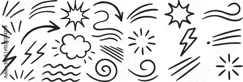 Hand-Drawn Doodle Elements Collection: Arrows, Stars, Lightning Bolts, Swirls, Clouds, and Dynamic Sketch Designs for Creative Illustration, Graphic Design, Visual Accents, and Decorative Artwork