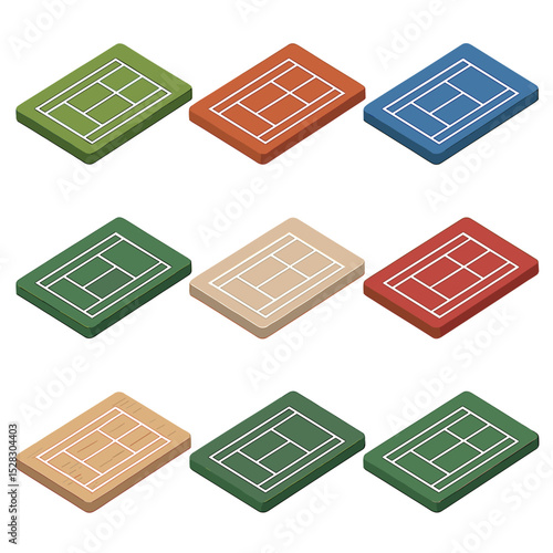 Tennis Court Icon Set. Isometric Flat icon set of tennis court surfaces: grass court, clay court, hard court, carpet court,