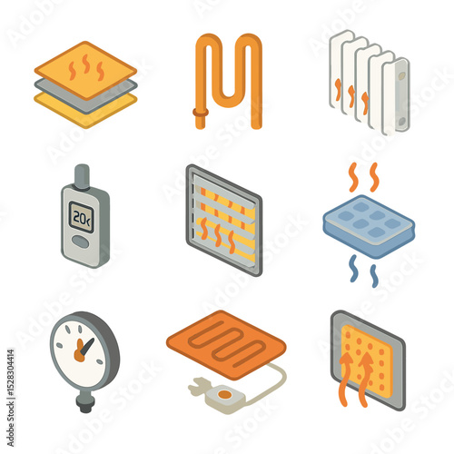 Thermal Control Icons. Isometric Flat icon set of Thermal control and insulation: multilayer insulation blanket, heat pipe,