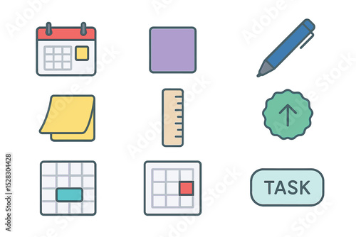 Time Management Essentials. Isometric Flat icon set of Time blocking essentials: daily calendar, colored block, pen, sticky note,