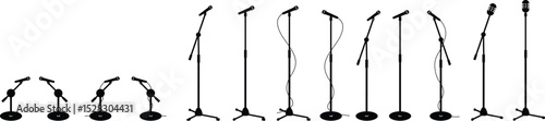 Microphones on counters and microphones and stands separately for design icon set. Vector silhouette clip arts. Retro and modern music sign, mic tool. Close-up microphone stand in small collection.