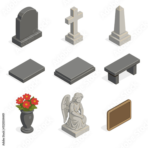 Tombstone Icon Collection. Isometric Flat icon set of tombstone designs: granite headstone, marble cross, obelisk monument, flat