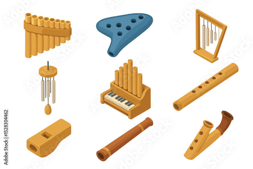 Traditional Wind Instruments. Isometric Flat icon set of traditional wind instruments: pan flute, ocarina, Aeolian harp, wind