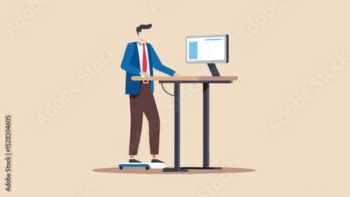 Man in suit standing at adjustable desk with computer and using a balance board for exercise