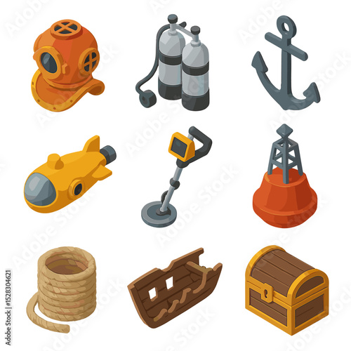 Underwater Salvage Icons. Isometric Flat icon set of underwater salvage gear: diving helmet, air tank, anchor, submersible,