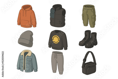 Urban Winter Fashion Icons. Isometric Flat icon set of urban street-style winter looks: oversized hoodie, quilted puffer vest,