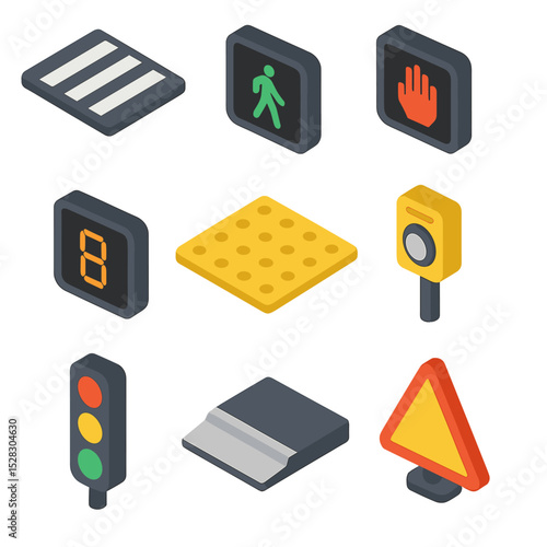 Urban Traffic Icons. Isometric Flat icon set of Pedestrian crossing and signals: zebra stripes, walk signal, don’t walk hand,